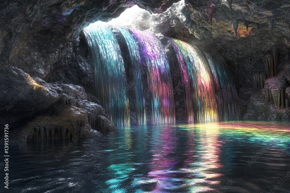 Fototapeta premium Colorful waterfalls cascade in a serene cave with rainbow hues and tranquil waters