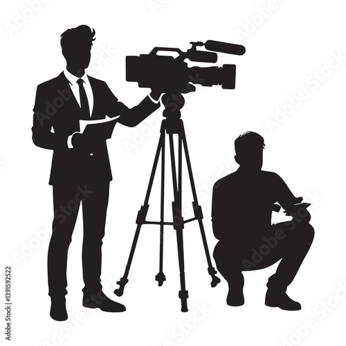 Silhouette News Reporting Scene with Camera and Team in Black
