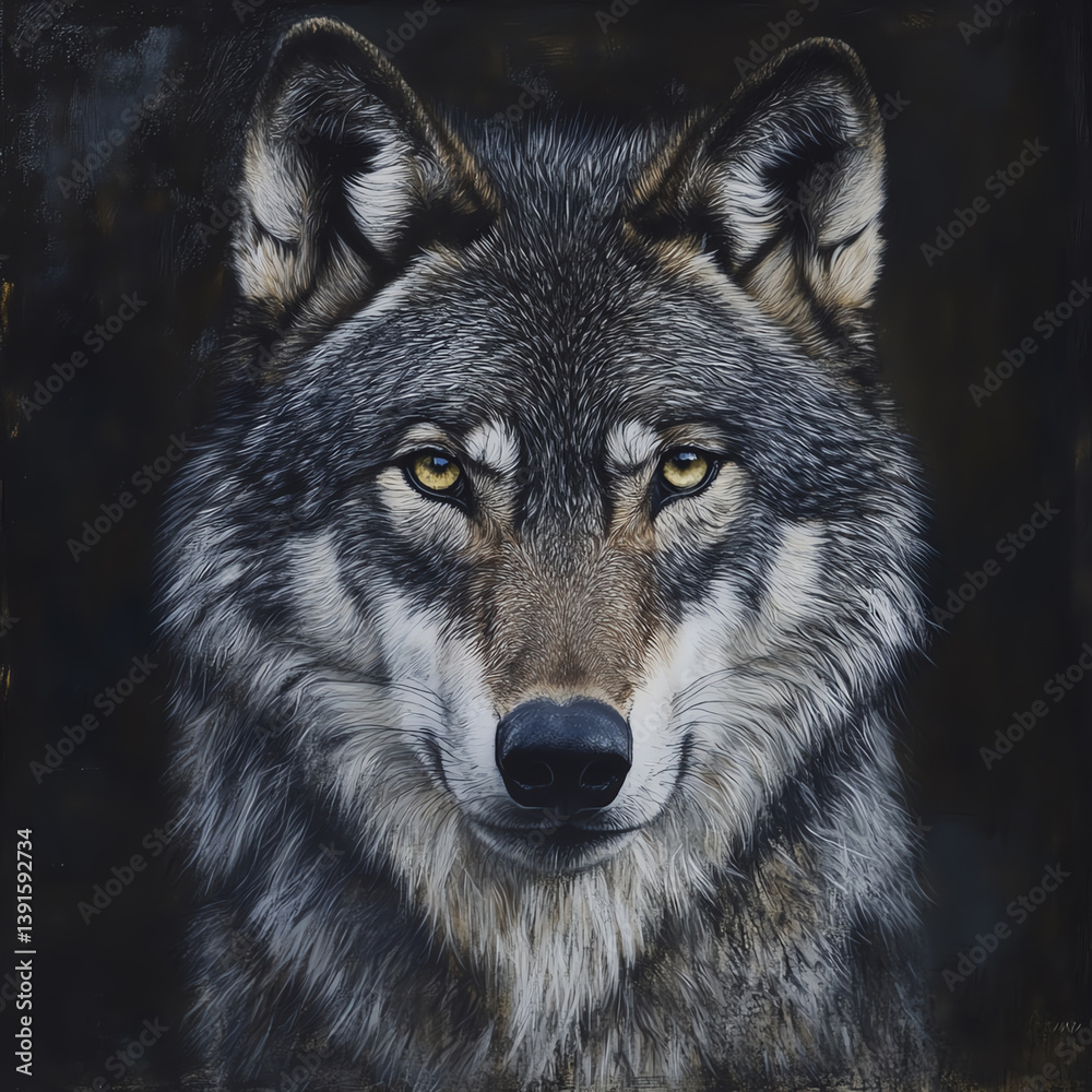 A striking close-up portrait of a wolf, showcasing its intense gaze and beautiful fur texture against a dark background. A striking close-up portrait of a wolf, showcasing its intense gaze and beautiful fur texture against a dark background.