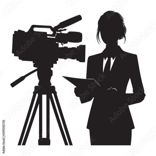 Female news reporter silhouette with professional camera a media industry symbol