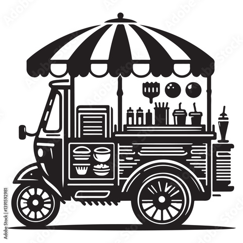 Vintage Food Cart Illustration Black and White Mobile Eatery Design