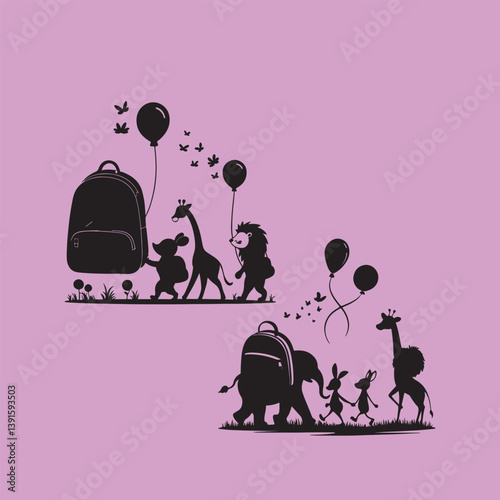 Adorable Animal Parade Silhouettes - Balloons and Backpacks on Purple Background