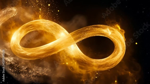 Infinity symbol in cosmic fire swirl motion footage. Abstract glowing figure eight in outer space video clip. Endless fiery loop of burning light energy.