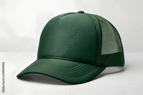 Olive green trucker cap mockup with mesh back and stitched visor, perfect for outdoor and tactical branding projects.
