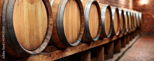A row of wooden barrels lined up in a rustic cellar, showcasing the craftsmanship and tradition of aging beverages like wine or whiskey. photo