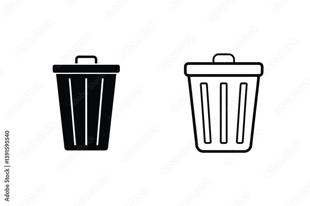 Trash Can Icon Vector Illustration In Black Solid And Outline Style On White Trash Can Icon Vector Illustration In Black Solid And Outline Style On White