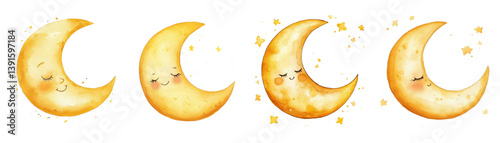 Watercolor set of cute moons png. Sleeping crescent moon with cute face. Concept of night sleep elements for kids. Cute characters for sleep with night sky elements.