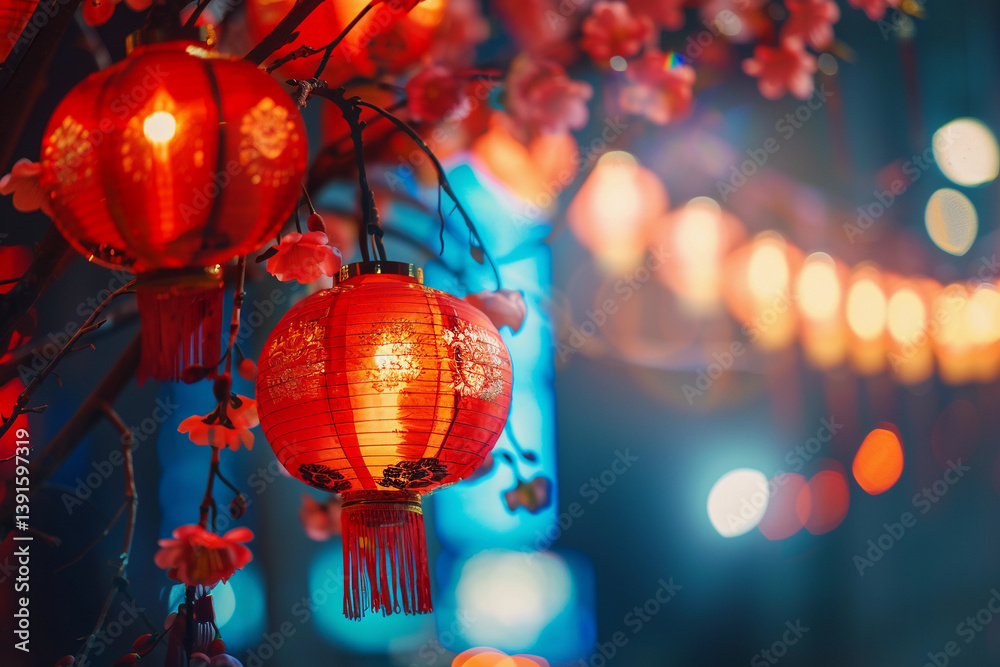 Obraz premium Beautiful holiday composition for happy celebrate chinese festival of lanterns, abstract vivid composition consists of fictional unreal fantastic vision on background