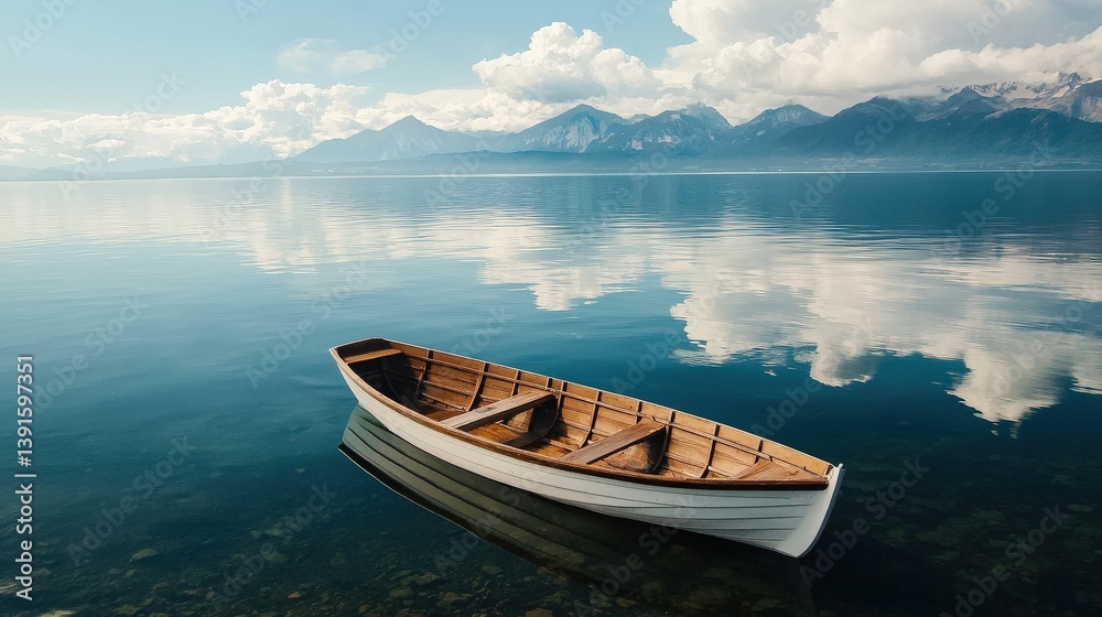 A serene wooden boat floats on calm waters, reflecting fluffy clouds and majestic mountains in the backdrop.