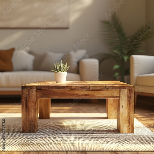 Wooden coffee table with block-style legs in a cozy modern living room