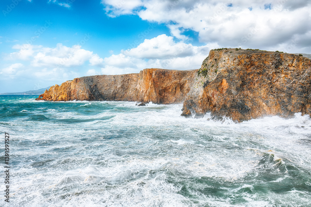 Unbelivable view of cliffs in valley Cala Domestica and storm on the sea