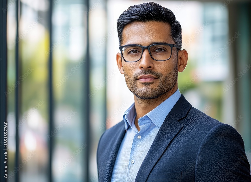 Confident Business Man Wearing Glasses and Suit in Urban Environment Confident Business Man Wearing Glasses and Suit in Urban Environment
