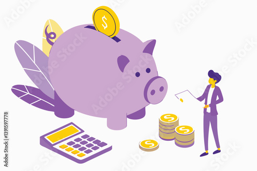 Modern Financial Illustration – Cartoon Piggy Bank, Cash, Calculator, and Business Figure