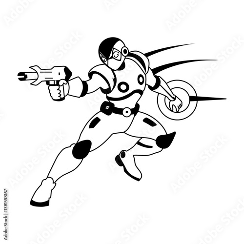 A glyph illustration of a space ranger character holding a laser gun 

