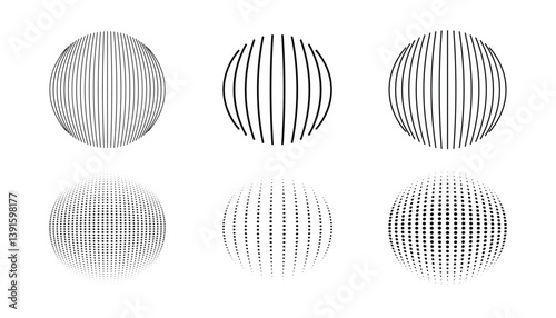 Set of black and white globe icons and symbols. dotted halftone. globe or ball in circle. geometric network in dots and lines frames