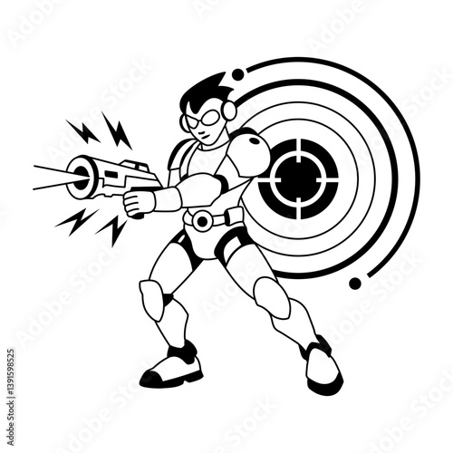 A glyph illustration of a superhero holding energy blaster gun 

