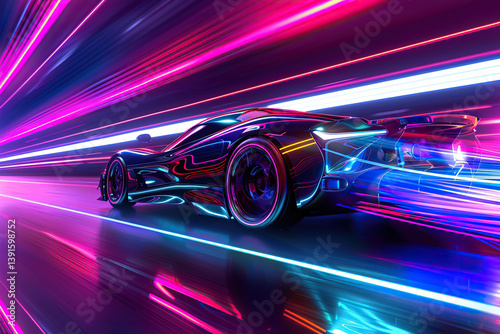 Power source for charging battery of beautiful hybrid electric car on road, abstract vivid composition consists of fictional unreal fantastic vision on background