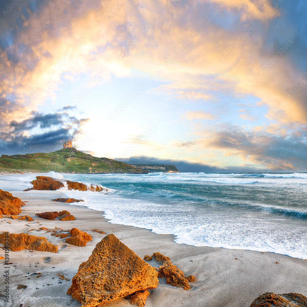Attractive view of Capo San Marco Lighthouse on Del Sinis peninsula.