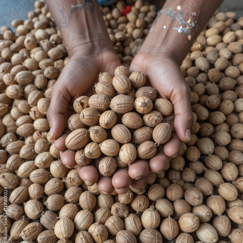Hundreds of dried nutmeg seeds harvested by farmers ready to be sold