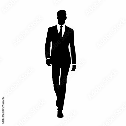 Silhouette of a business man suit and tie walking confidently toward on white background toward on white background
