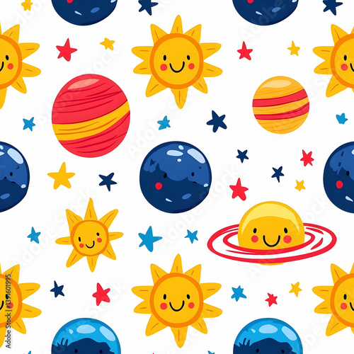 Colorful Abstract Geometric Patterns Featuring Suns and Planets