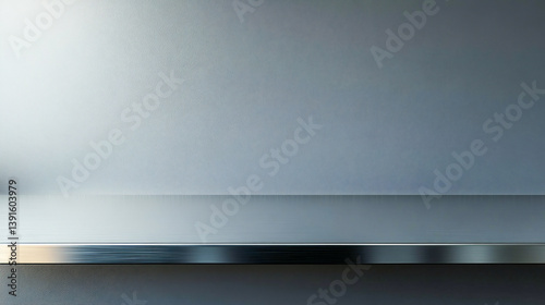 Silver steel countertop, empty shelf. Kitchen counter on gray background with spot light. Bar desk surface in foreground
