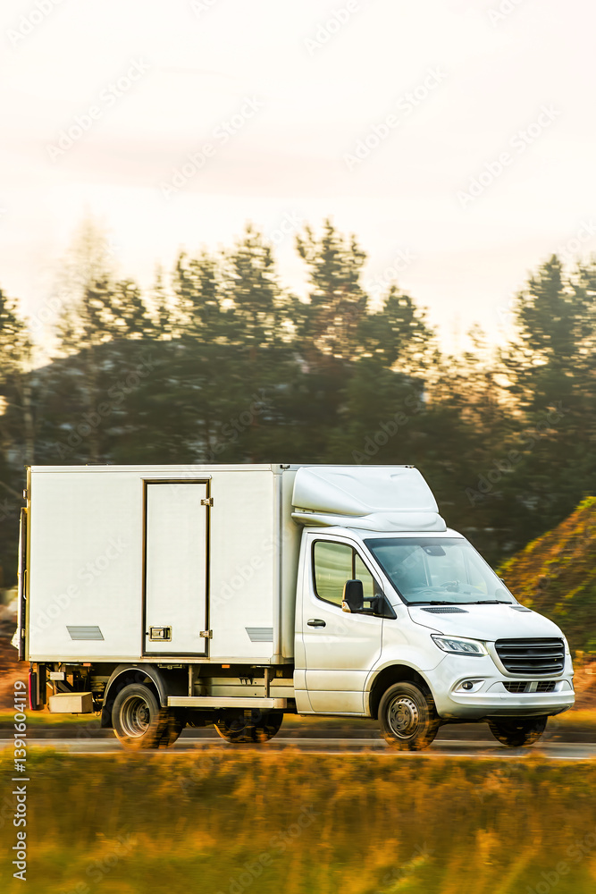 Cargo van moving on countryside road