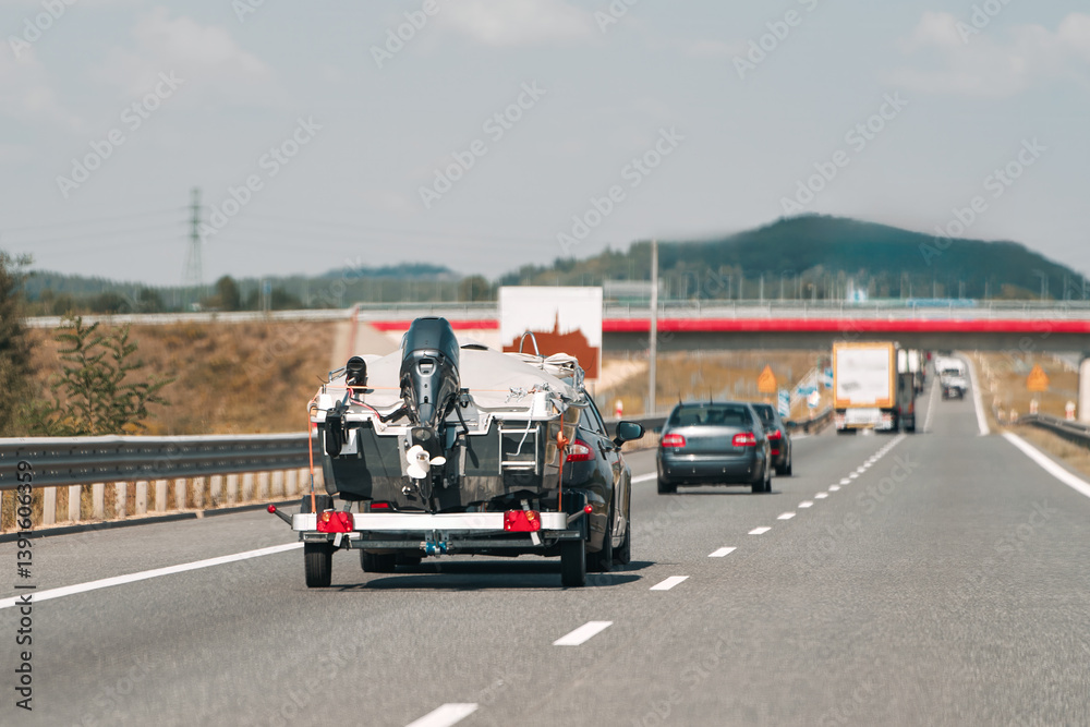 Car with boat on trailer in traffic
