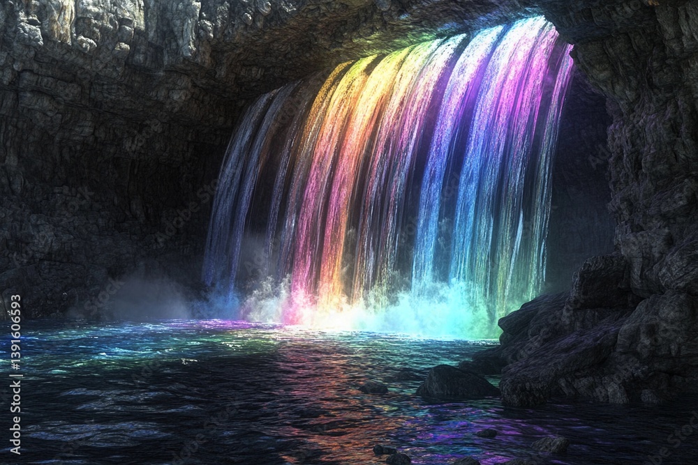 Fototapeta premium Colorful waterfalls cascade in a serene cave with rainbow hues and tranquil waters