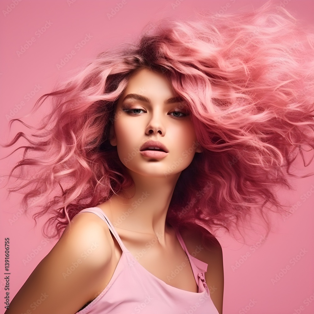 Stunning Woman with Vibrant Pink Curly Hair Fashion Beauty Portrait Stunning Woman with Vibrant Pink Curly Hair Fashion Beauty Portrait