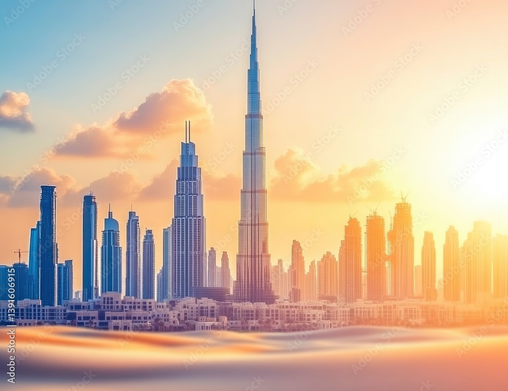 Obraz premium Dubai Skyline at Sunset with Desert Sand and Colorful Sky