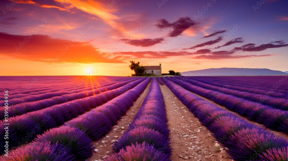Fototapeta premium Stunning Sunset over Lavender Fields in Provence Rustic Farmhouse Scenic View