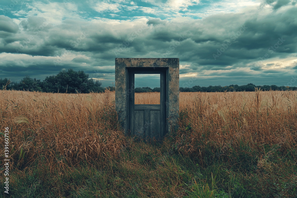 Mysterious door stands alone in a golden field under a dramatic sky Mysterious door stands alone in a golden field under a dramatic sky