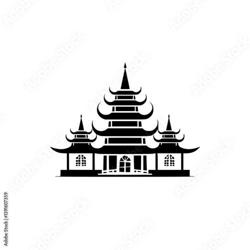 Five-tier Asian pagoda building silhouette, Black and white vector illustration of a traditional five-level Asian pagoda with curved roofs, ideal for cultural or architectural designs.

