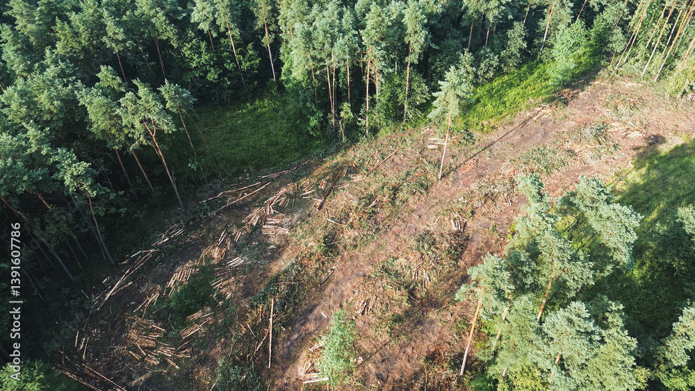 Aerial view of logs piled up after forest deforestation