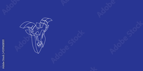 The outline of a large goat head symbol made of white lines on the left. 3D view of the object in perspective. Vector illustration on indigo background