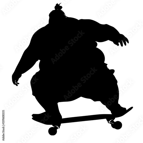 Sumo wrestler silhouette riding skateboard, Black and white silhouette of a large sumo wrestler performing a trick on a skateboard, perfect for humorous or urban culture themes.

