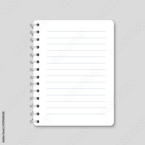 Spiral lined notebook, realistic mock-up. White office notepad page template. Realistic vector illustration