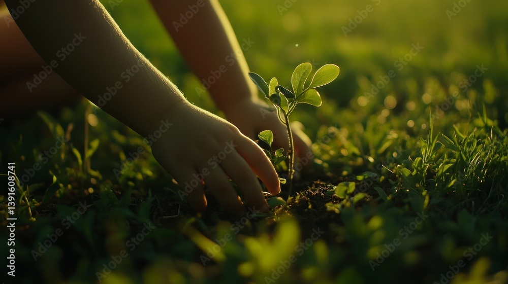 Fototapeta premium Child planting sapling in green field under morning light