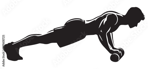 Silhouette man doing pushups on dumbbell vector illustration art