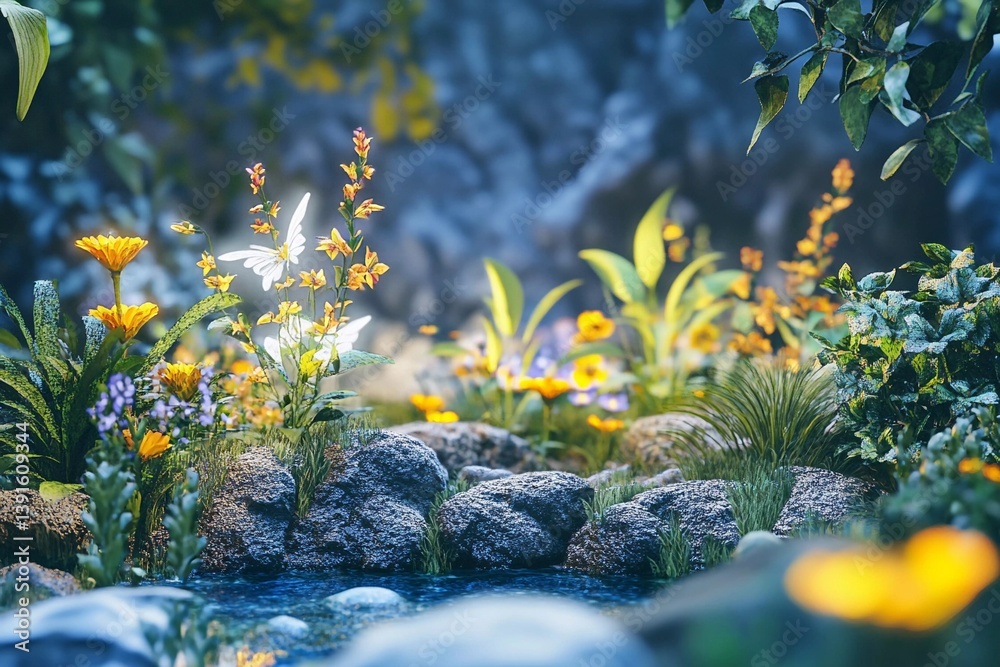 Lush tropical garden with vibrant plants and a serene pathway surrounded by greenery in a tranquil setting