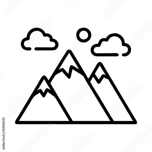 Mountain range outline vector illustration with clouds and sun simple nature landscape drawing 100