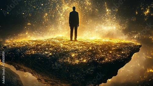 Silhouette of a Man on a Floating Island Amidst a Starry Galaxy. Dark figure standing on land in space. Spiritual journey, philosophy abstract video footage.