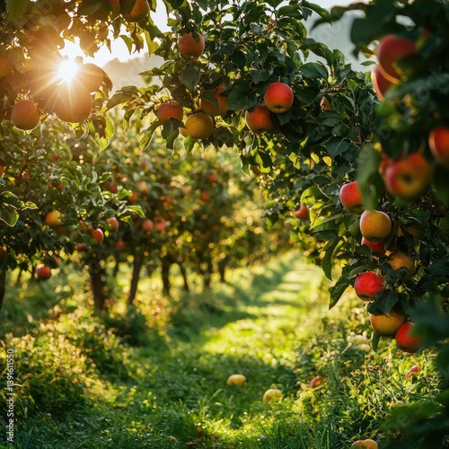 Rows of apple trees filled with ripe fruit line a grassy path with scattered fallen apples under blue sky. Generative by AI.