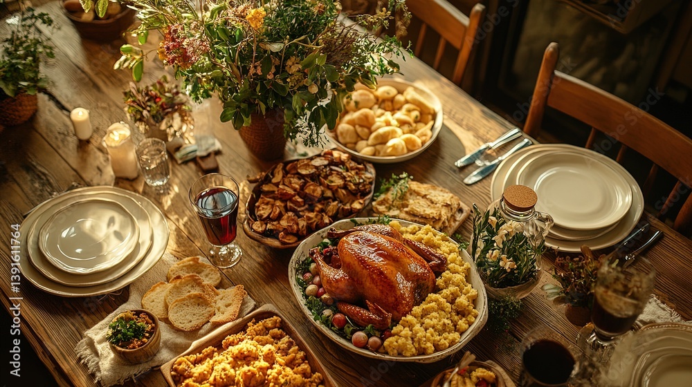 A rustic wooden table with a delicious Thanksgiving spread, featuring turkey, sides, and gravy A rustic wooden table with a delicious Thanksgiving spread, featuring turkey, sides, and gravy