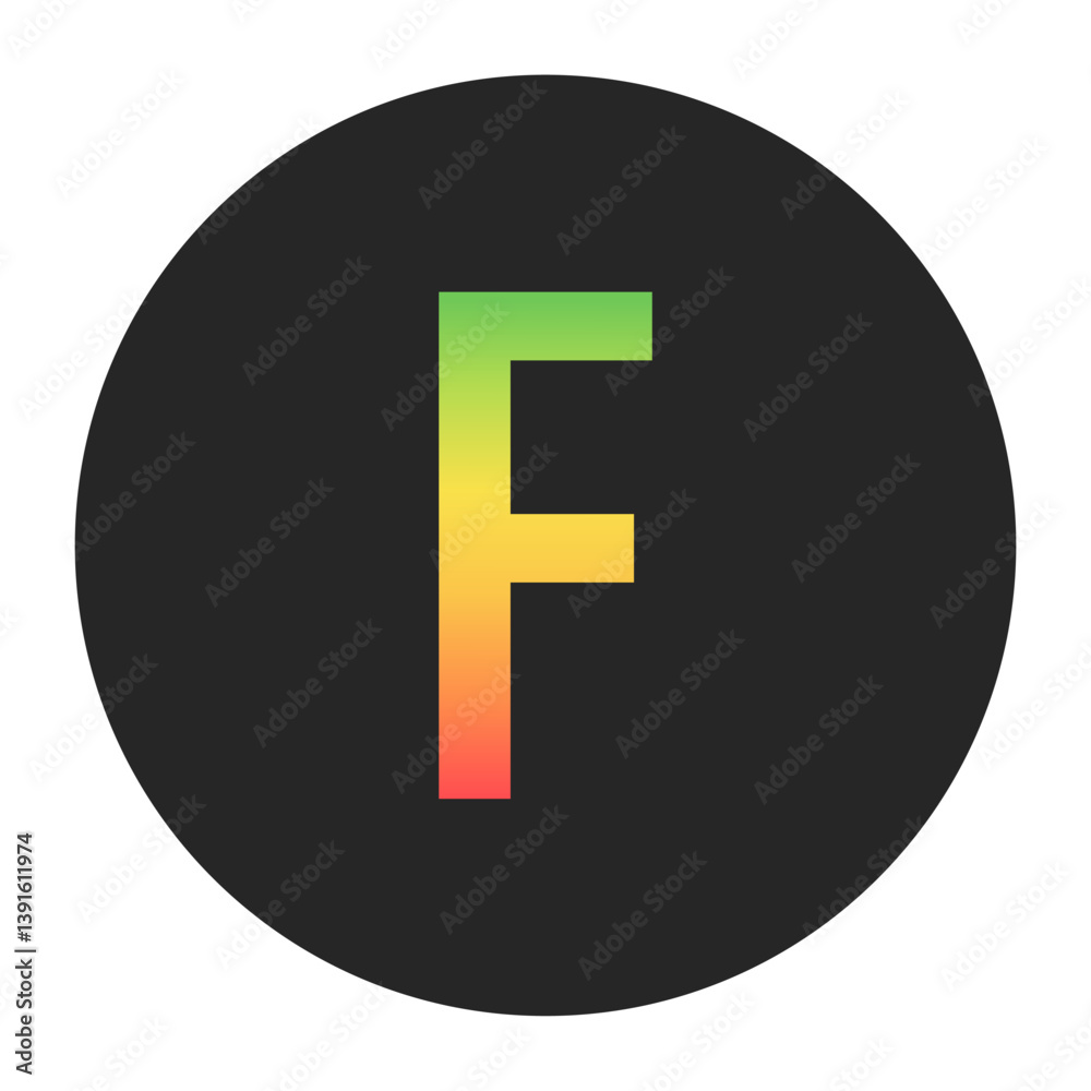Obraz premium Stylish F Capital letter in gradient hues of green to red inside a solid black circle. Great for modern branding, tech logos, and digital art themes.