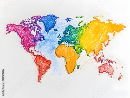 Fototapeta Naklejka Na Ścianę i Meble -  A colorful hand-drawn world map illustration depicts continents in vibrant crayon strokes on white background.