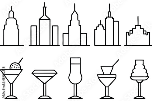 Manhattan Line Art Drawing of Iconic City Architecture and Landmarks  