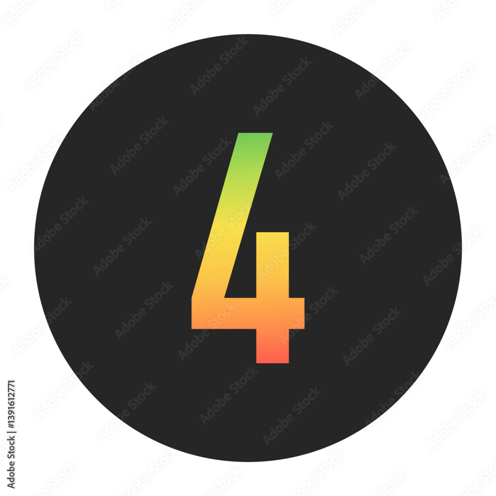 Fototapeta premium Stylish Number 4 in gradient hues of green to red inside a solid black circle. Great for modern branding, tech logos, and digital art themes.