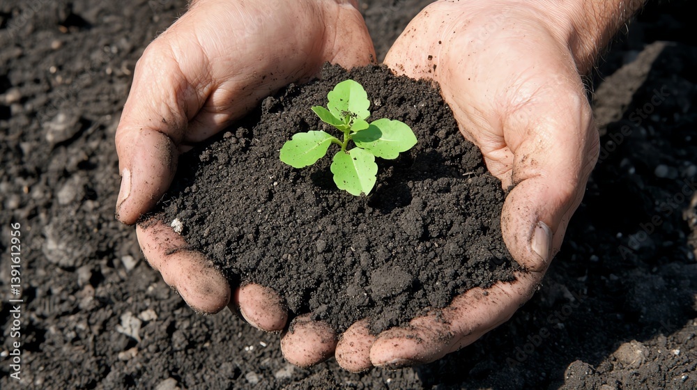 Hands Holding Soil With a Small Green Plant Growing in the Afternoon Sunlight in a Garden Setting Hands Holding Soil With a Small Green Plant Growing in the Afternoon Sunlight in a Garden Setting